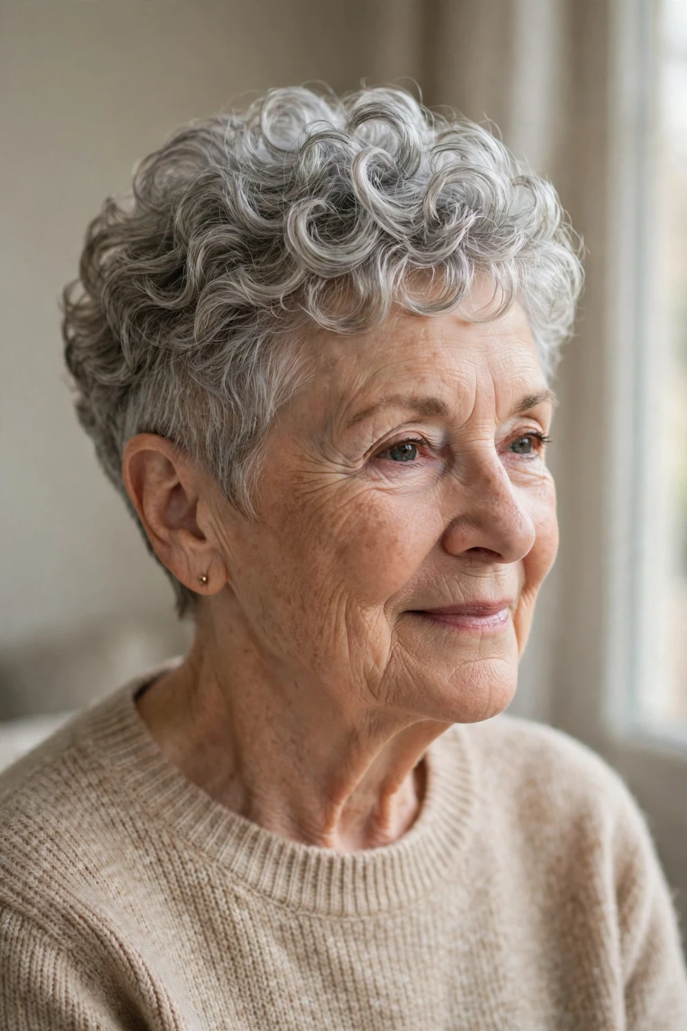 Older woman with a classic curly pixie cut, short sides and fuller defined curls on top