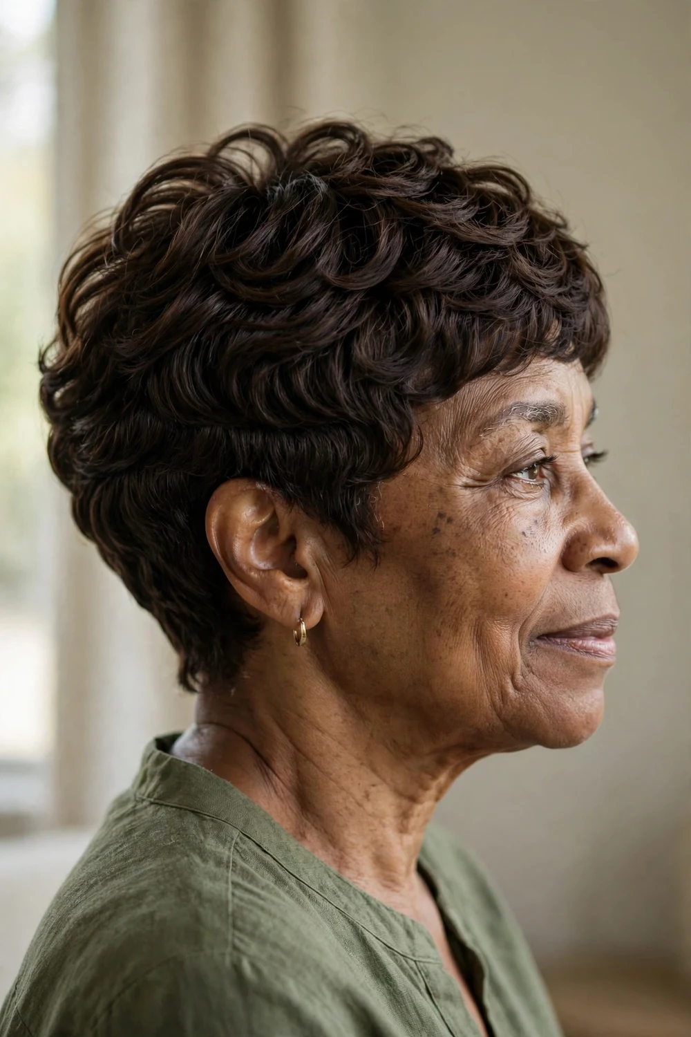 Older woman with a layered curly pixie, stacked layers giving shape to thick curls
