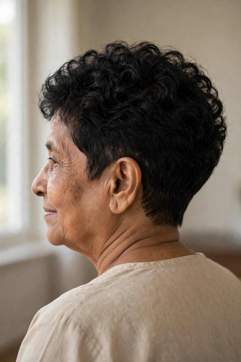 Older woman with a tapered curly pixie, close sides and full curls on the crown