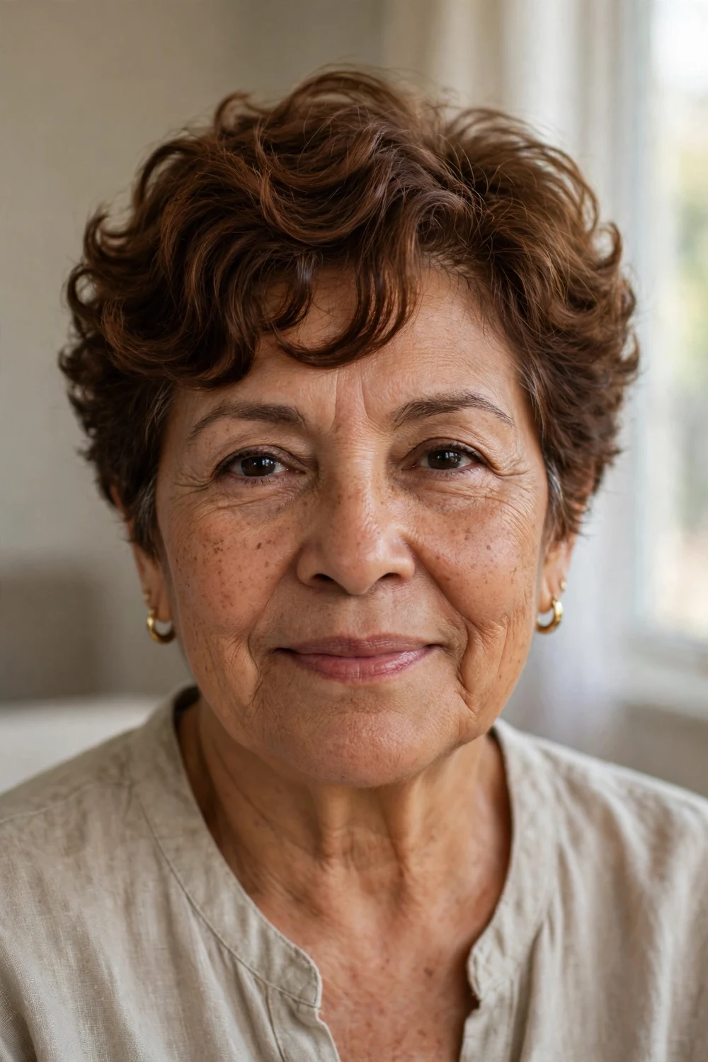 Older woman with a curly pixie and side-swept curly bangs framing the forehead