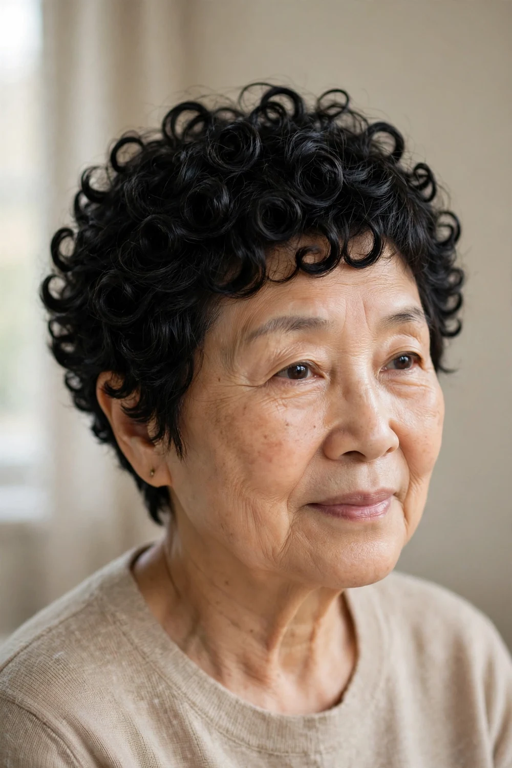 Older woman with a soft ringlet pixie, defined spiral curls all over a short cut