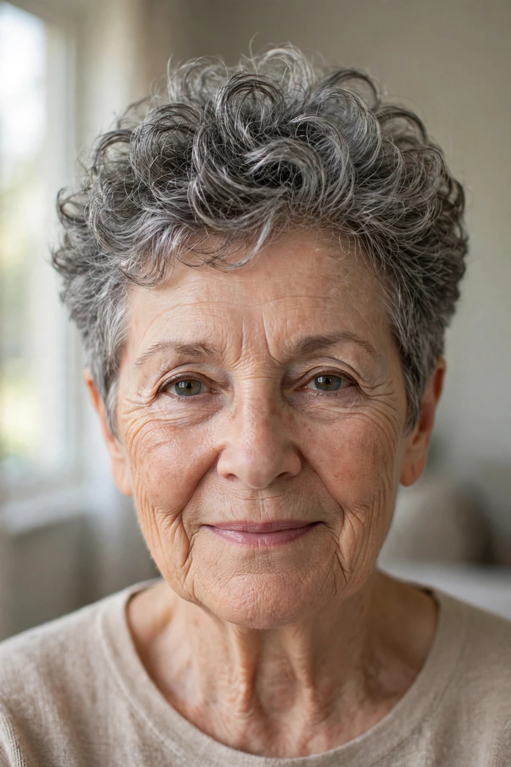 Older woman with a curly pixie with lifted crown volume and short sides