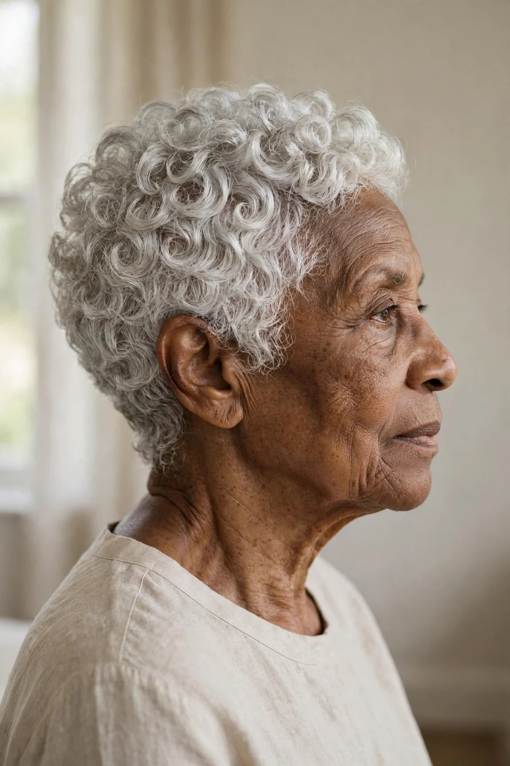 Older woman with a silver curly pixie, natural gray curls in a short rounded cut