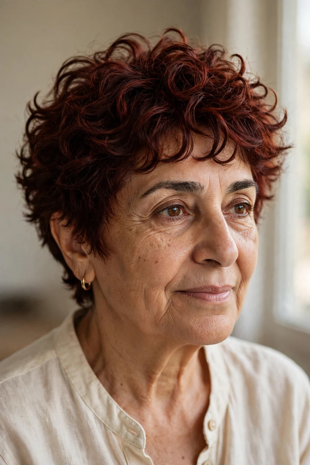 Older woman with a textured curly pixie, piece-y separated curls with choppy ends