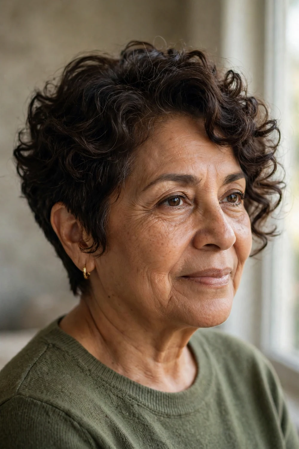 Older woman with a long curly pixie, extra length on top with curls falling softly