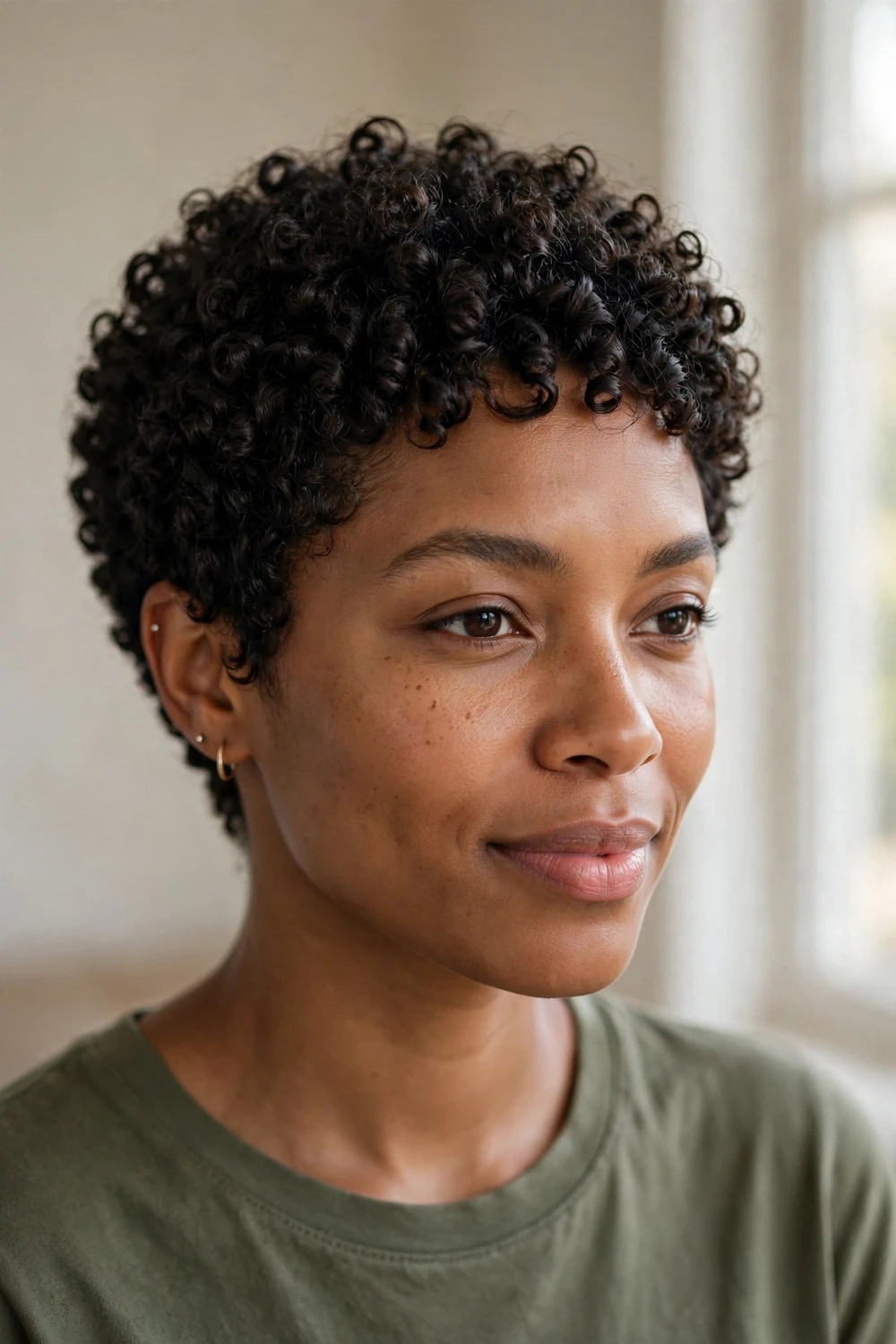 Curly pixie cut showing defined short curls