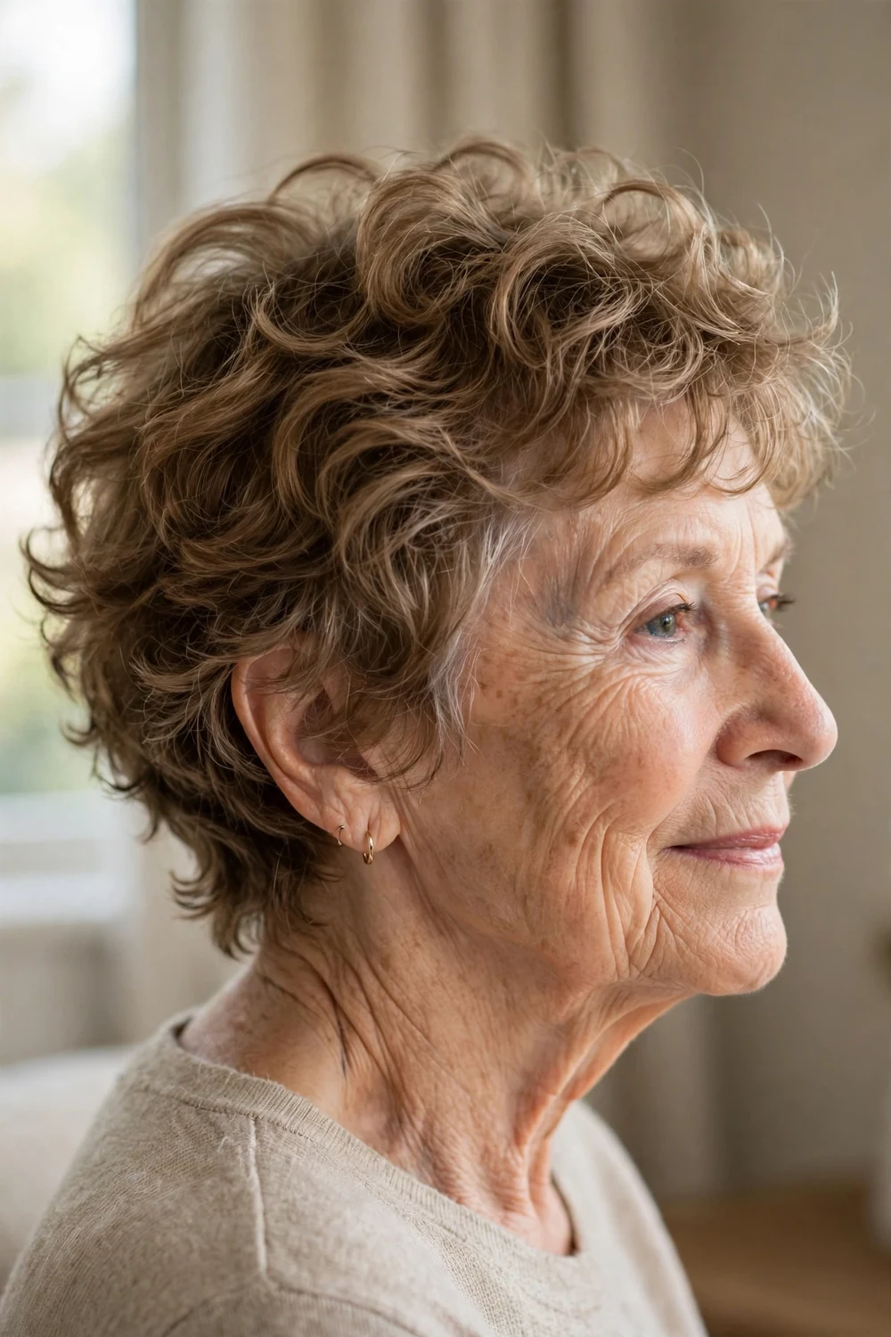 Older woman with a feathered curly pixie, light wispy layered curls