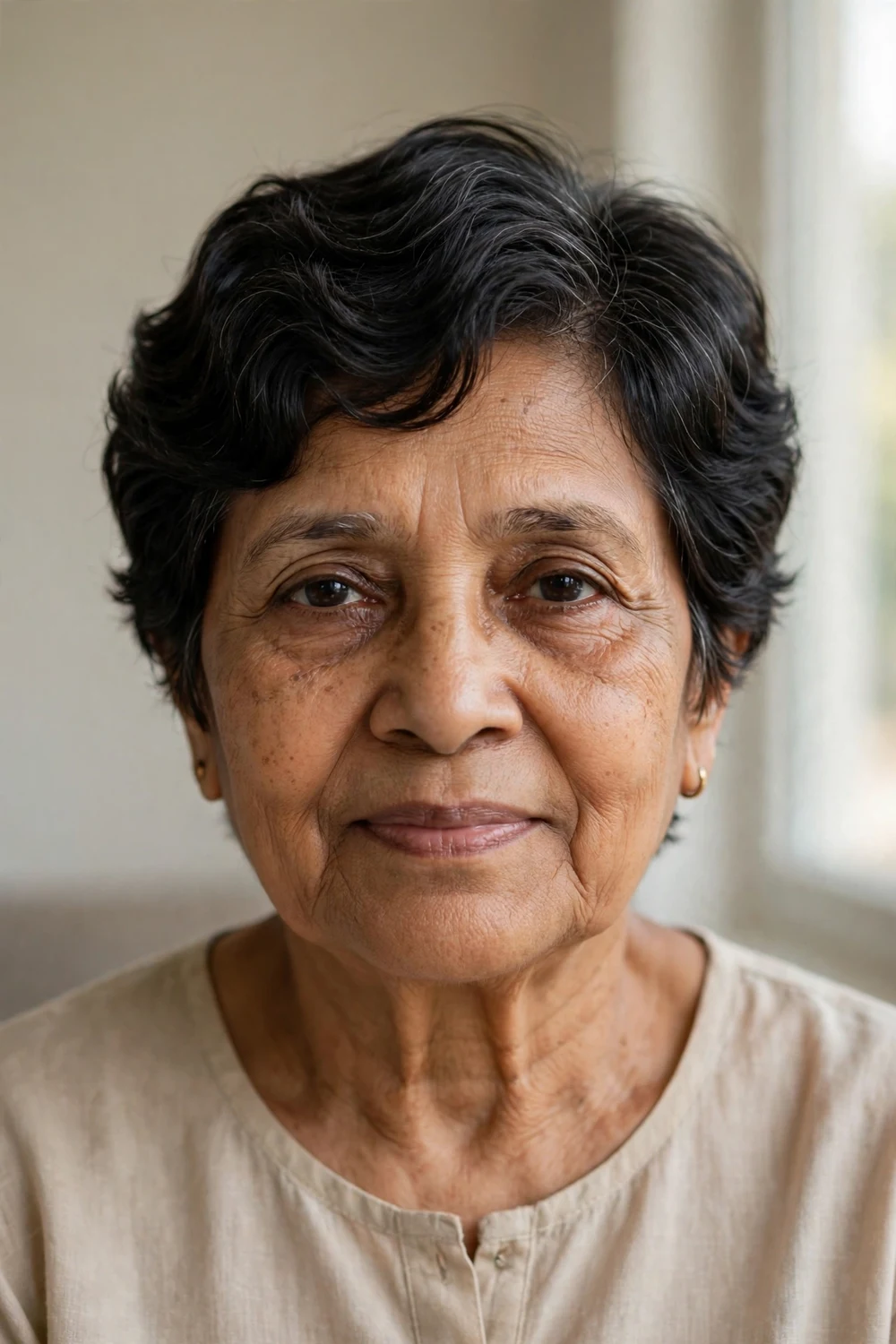 Older woman with a soft wave pixie, loose gentle waves in a short cut