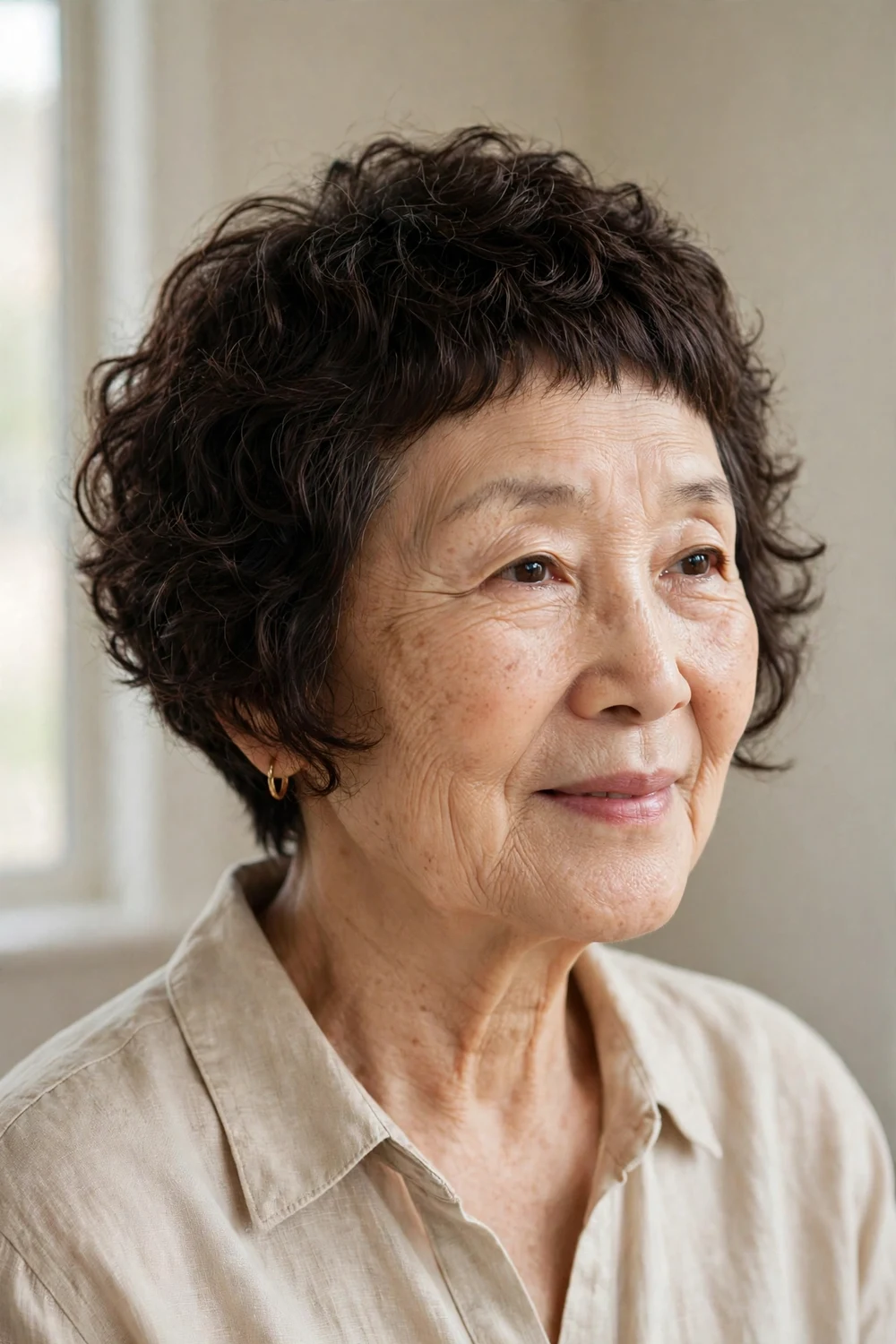 Older woman with a curly pixie bob, longer front pieces framing the face