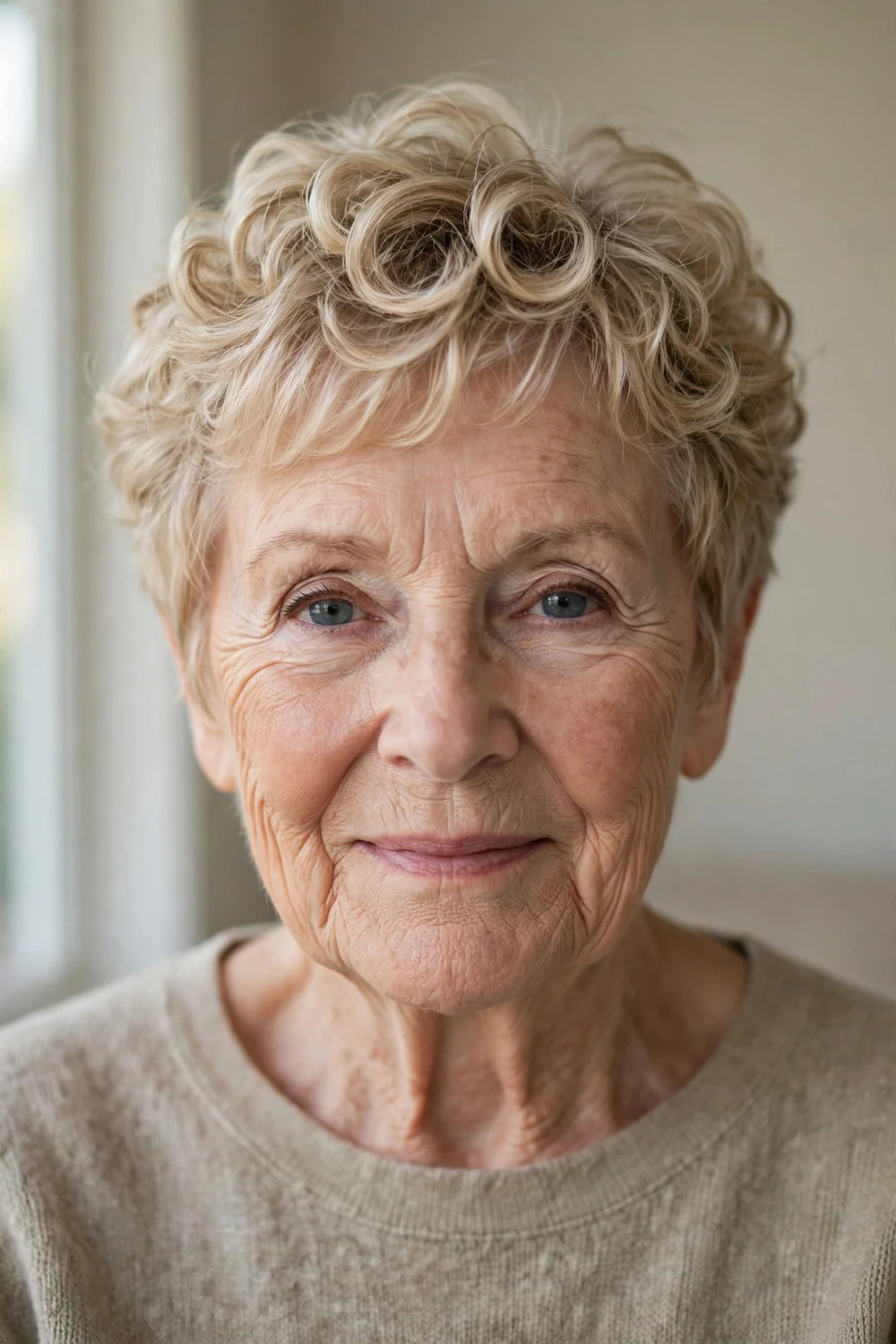 Older woman with a pixie with soft curls, loose bouncy curls on fine hair