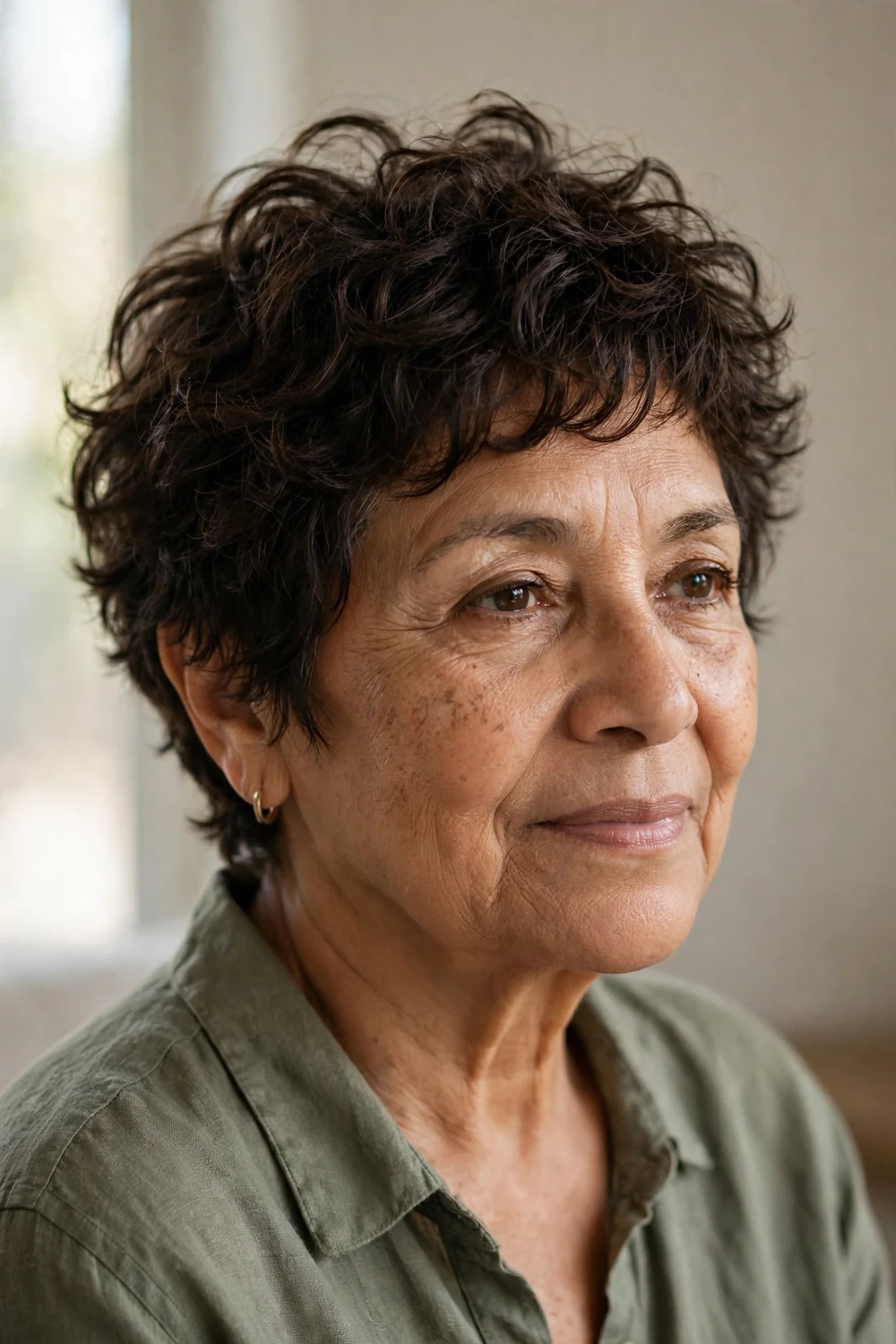 Older woman with a tousled curly pixie, undone natural curls with texture