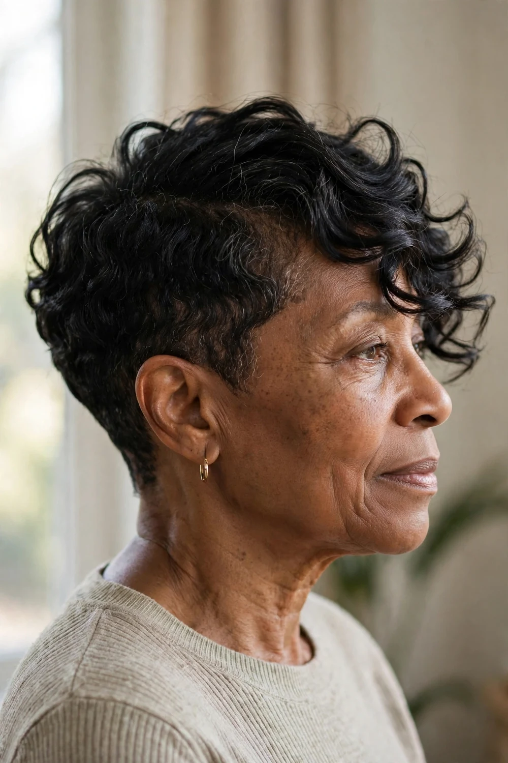 Older woman with an asymmetrical curly pixie, one side longer with curls swept over