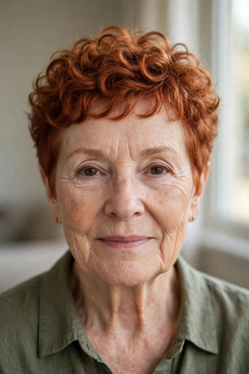 Older woman with a copper-red curly pixie, warm red tones on short curls