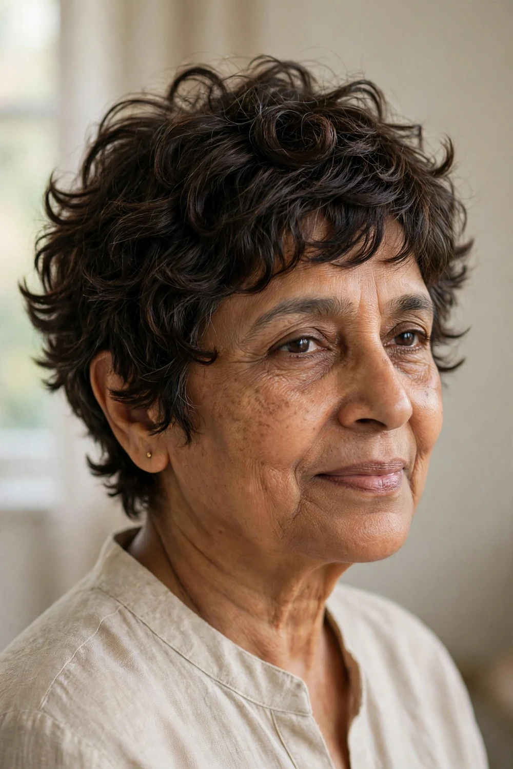 Older woman with a curly pixie shag, choppy shaggy layers on short curls