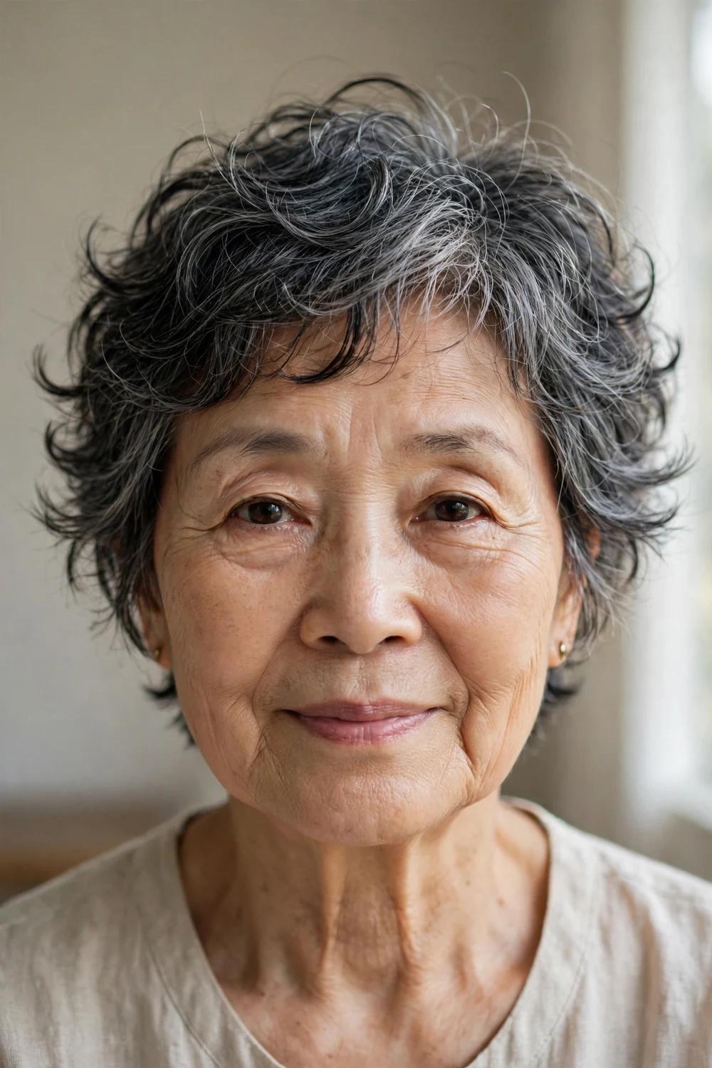 Older woman with a wispy curly pixie, light airy curls with wispy ends