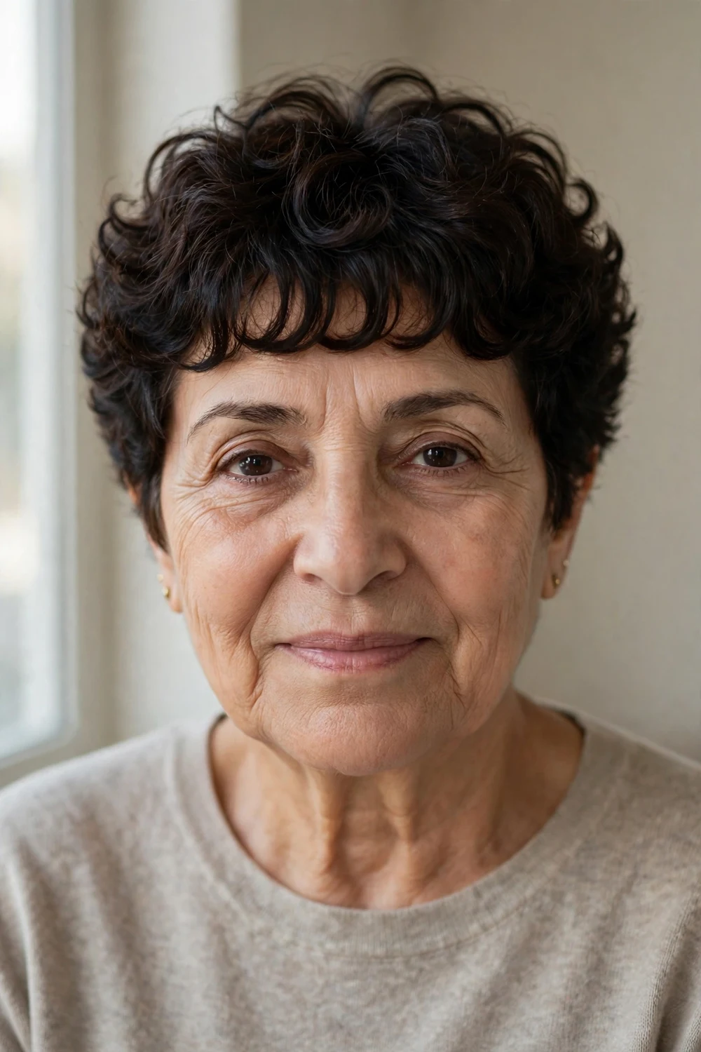 Older woman with a curly pixie with full fringe, curly bangs across the forehead