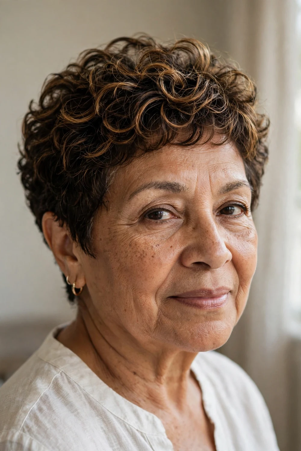 Older woman with a curly pixie with highlights, dimensional highlights on short curls