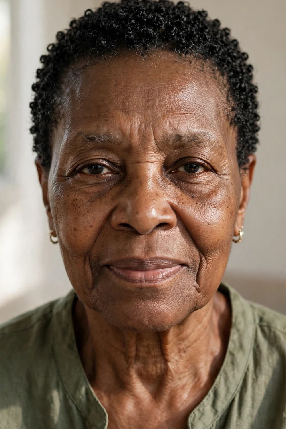 Older woman with a very short curly crop, close-cropped tight curls