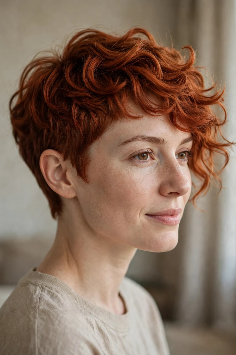 Woman with asymmetrical copper curly pixie