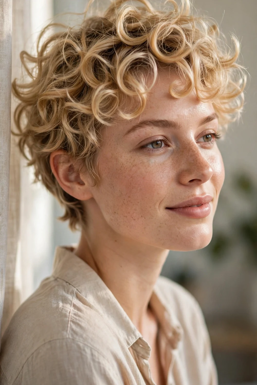 Woman with playful blonde curly pixie