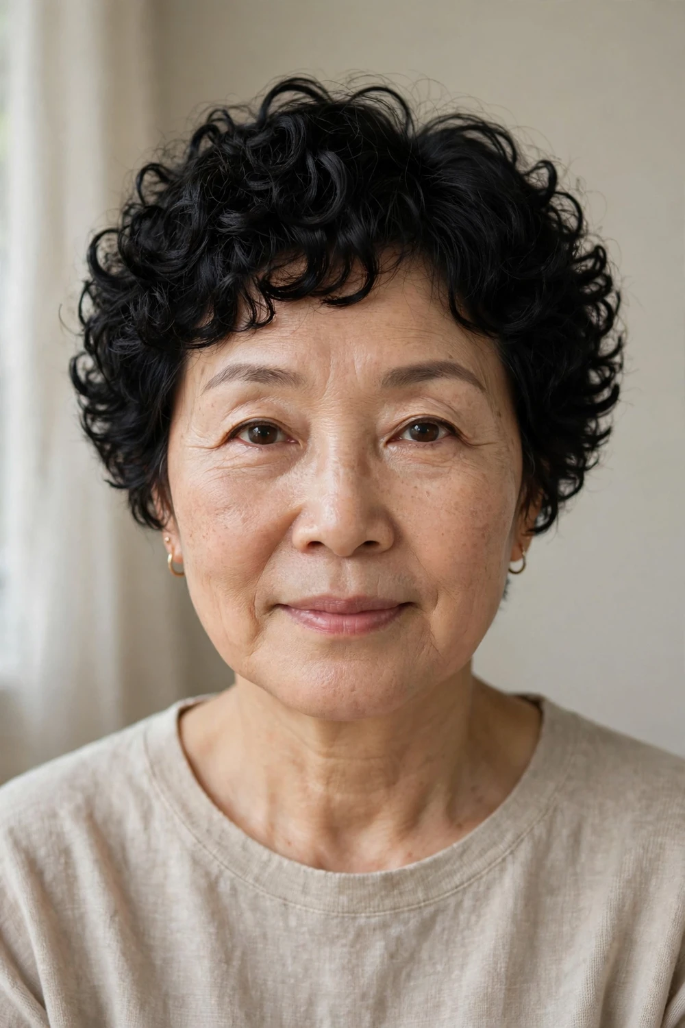 Woman in her 50s with a curly pixie bob, dense defined curls ending above the jawline