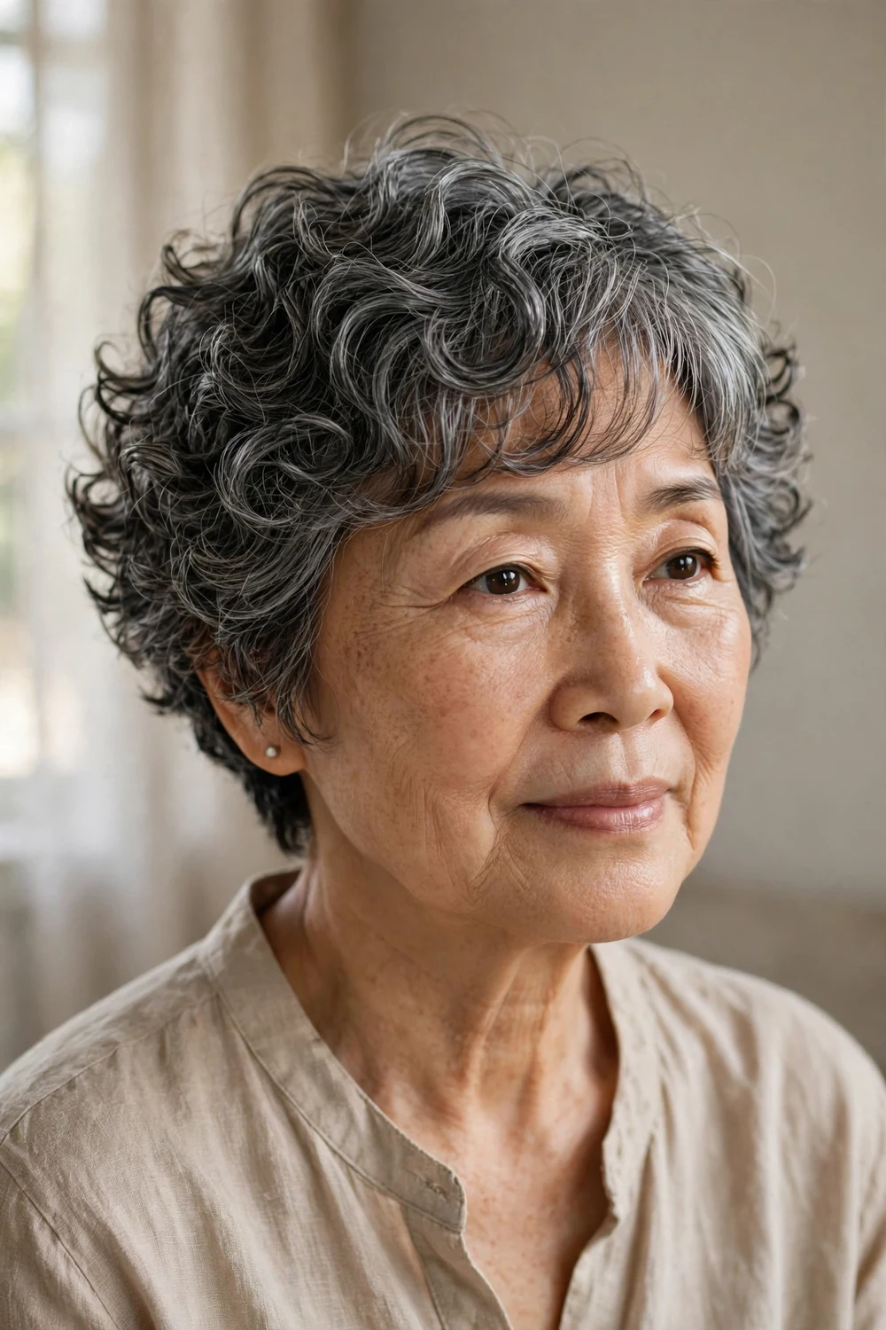 Woman over 60 with a defined curly pixie bob