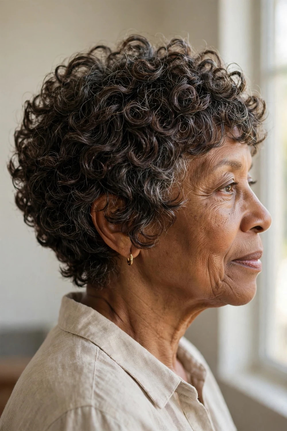 Mature woman with a curly pixie bob, dense defined curls ending above the jawline
