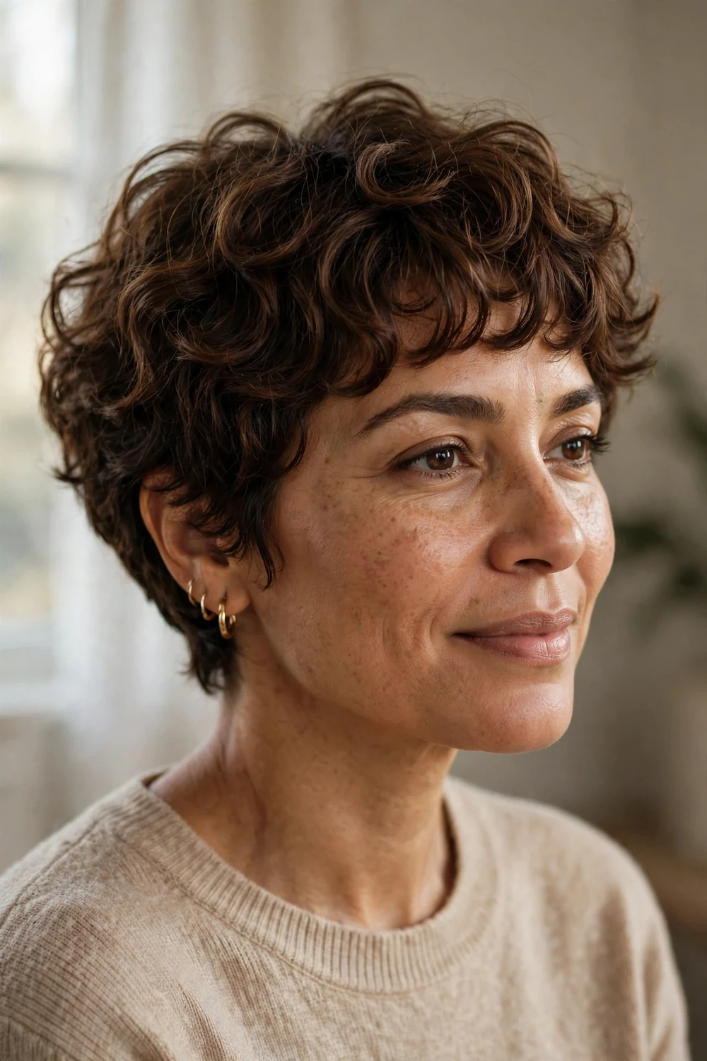 Curly pixie bob with bangs at jaw length
