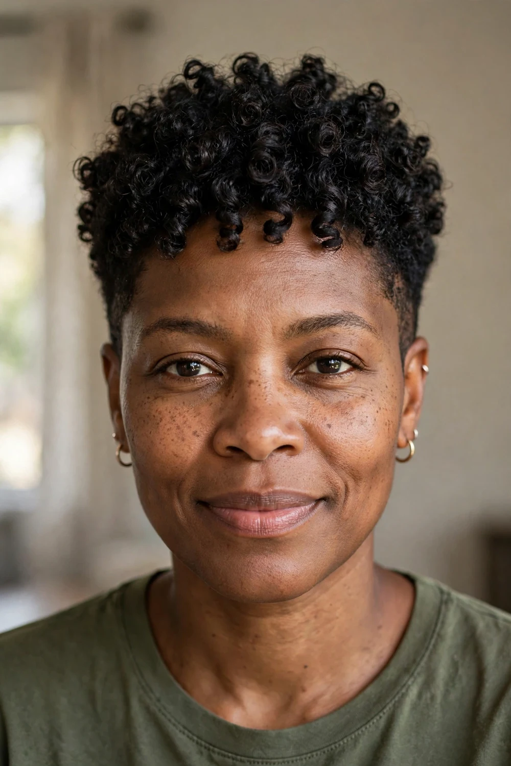 Woman with bold defined curly top pixie and short sides