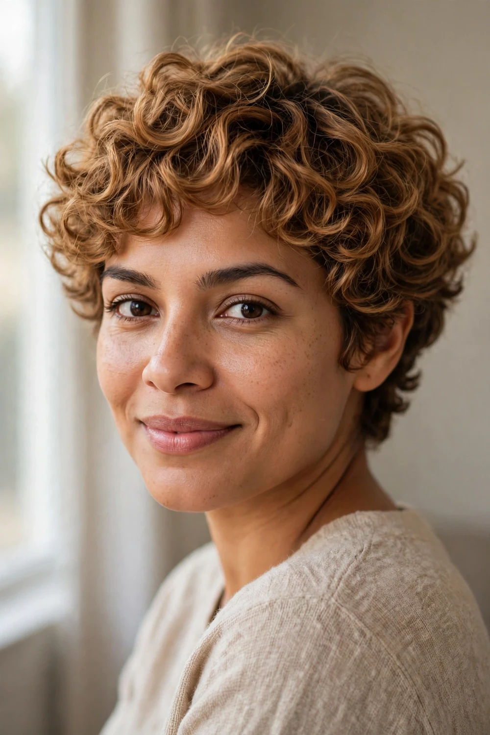 Woman with soft caramel curly pixie in a rounded shape