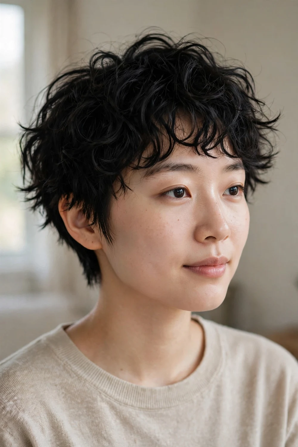 Woman with choppy black curly pixie with jagged layers