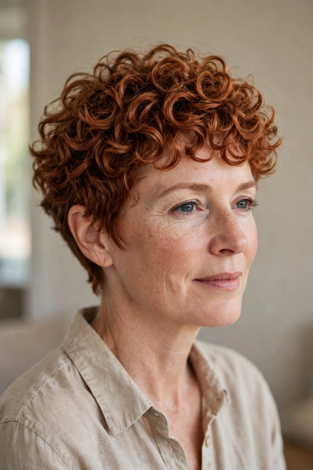 Woman with textured copper curly pixie