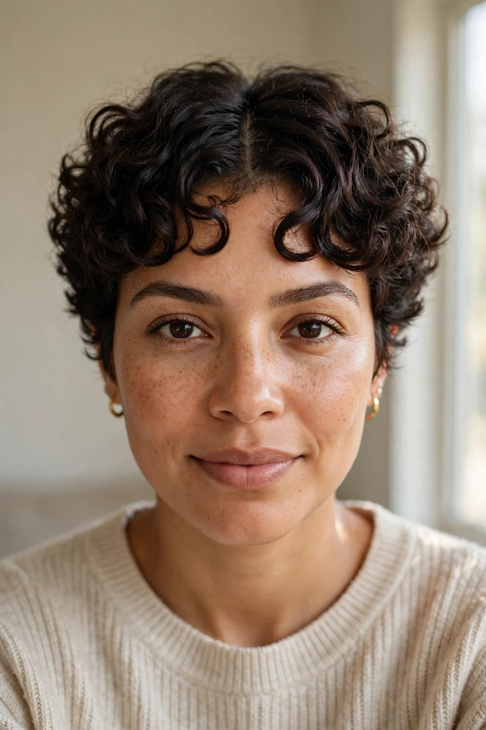 Curly pixie with curtain bangs parted in the middle