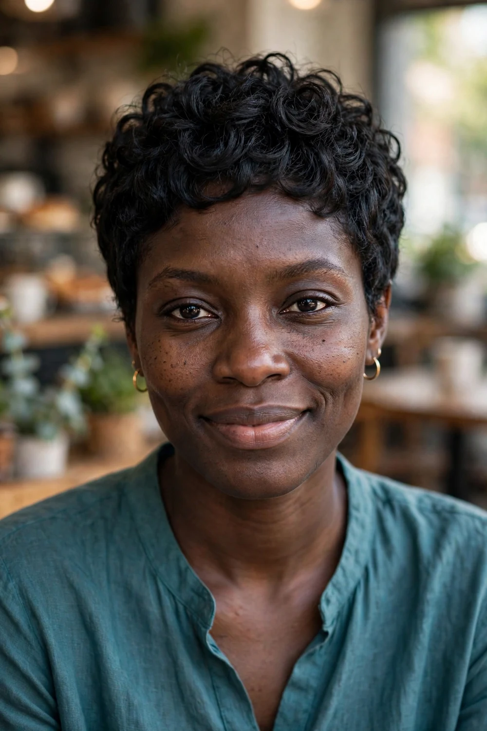 Woman with a curly pixie cut, defined short curls on top