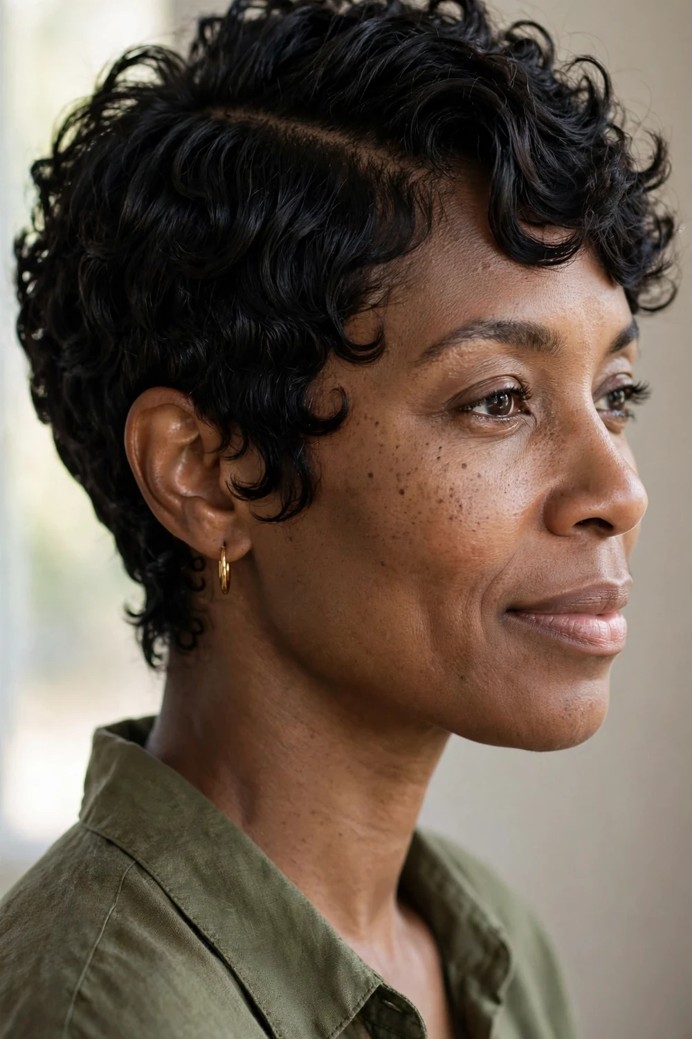 Woman with curly pixie and dramatic deep side part