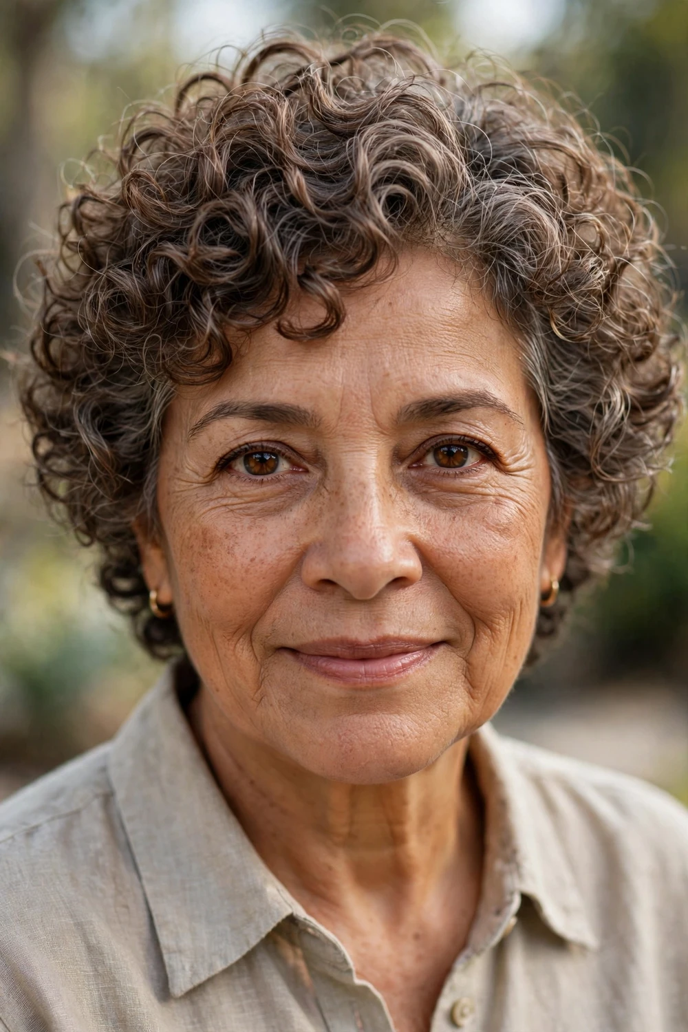 Woman in her 60s with defined curly gray pixie, three-quarter view