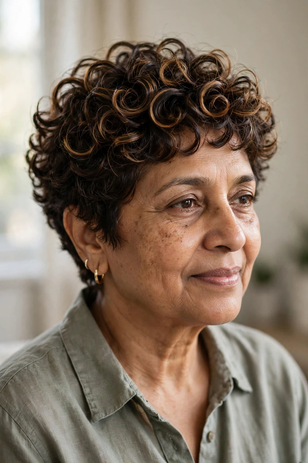 Woman over 50 with a curly pixie with dimensional highlights, multi-toned curls
