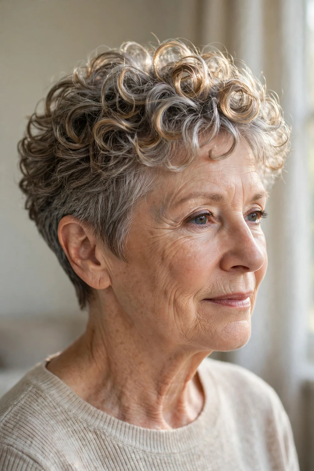 Mature woman with a curly pixie featuring caramel and silver dimensional highlights