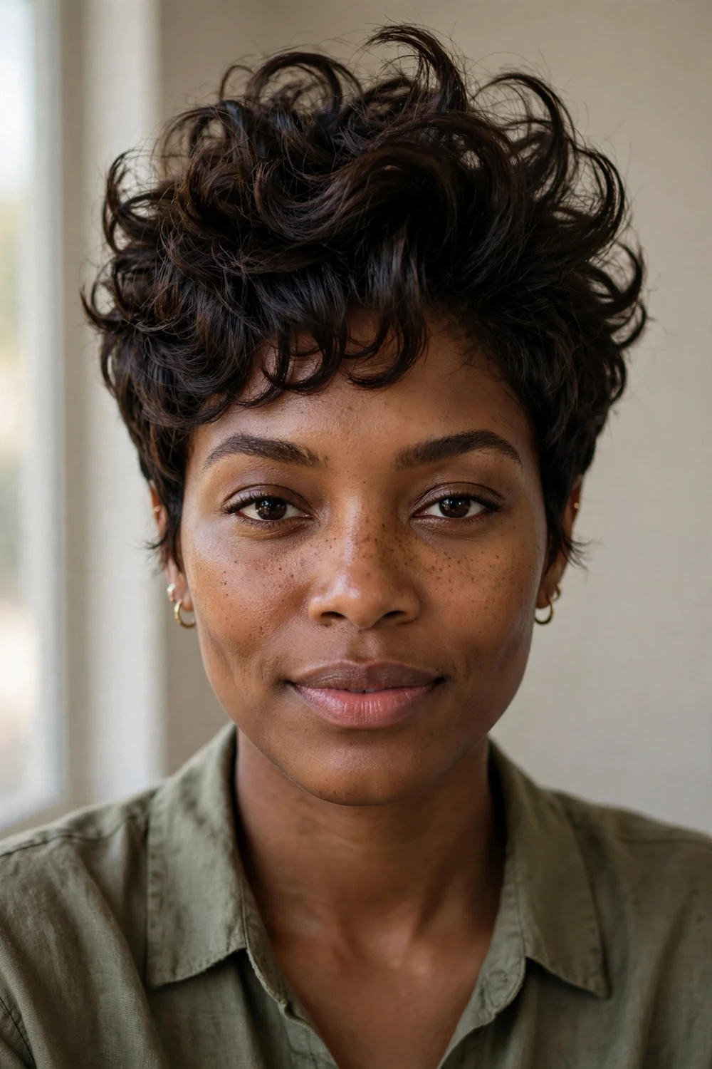 Woman with edgy curly pixie with dramatic root volume