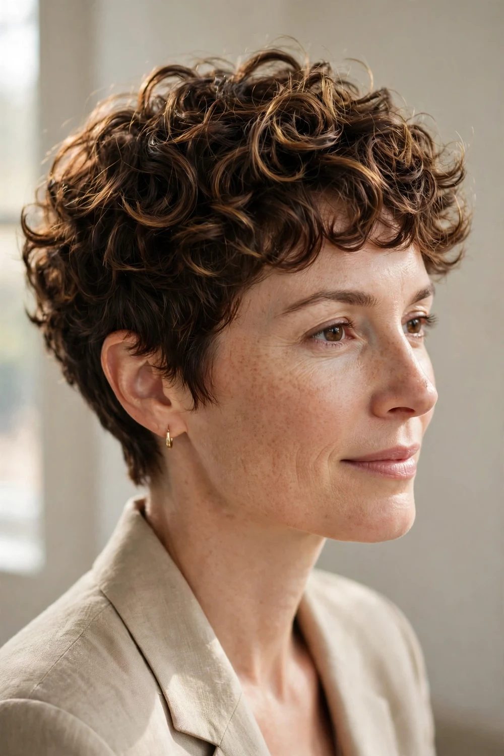Woman with espresso curly pixie with caramel highlights
