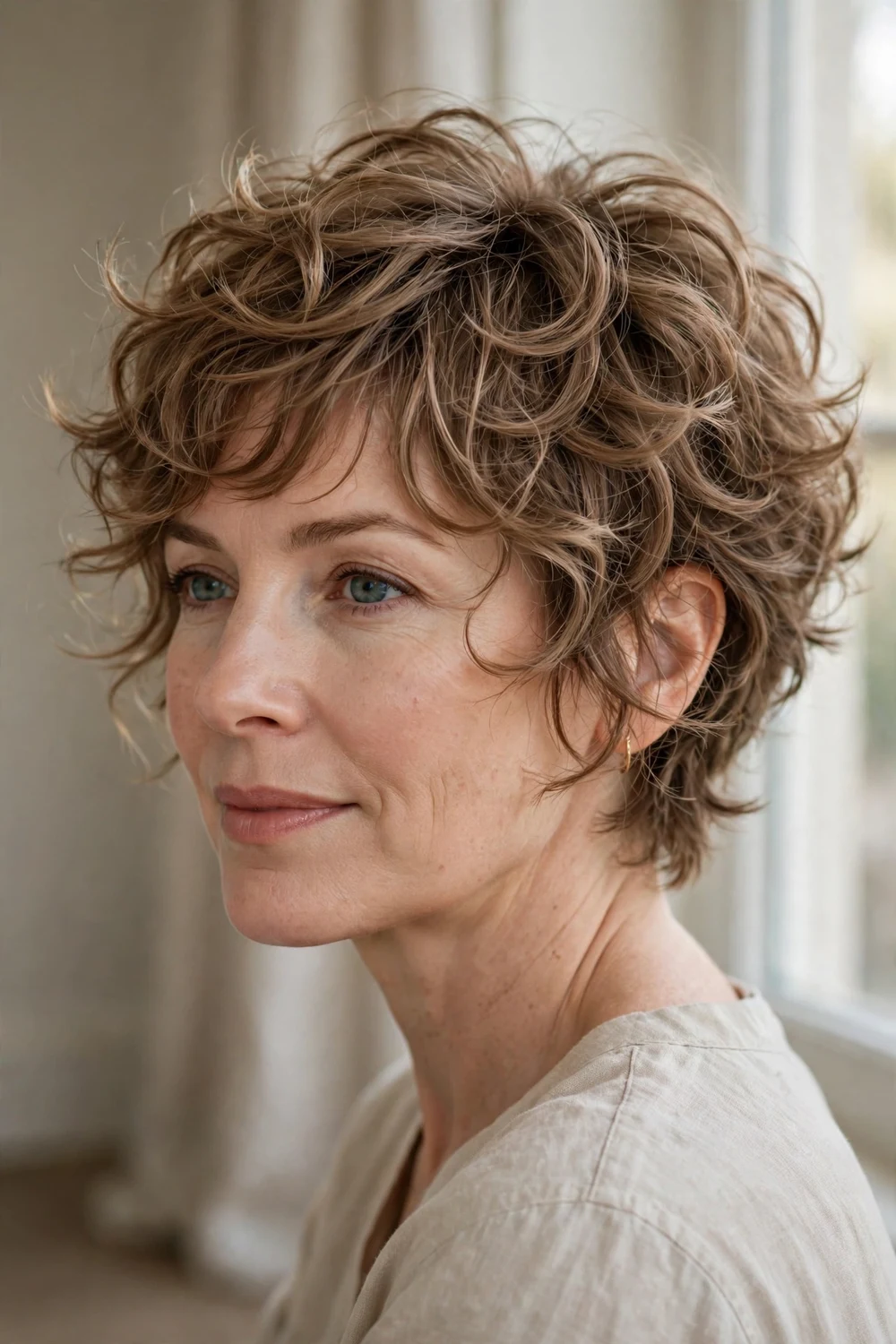 Woman with feathered curly pixie with wispy layered ends