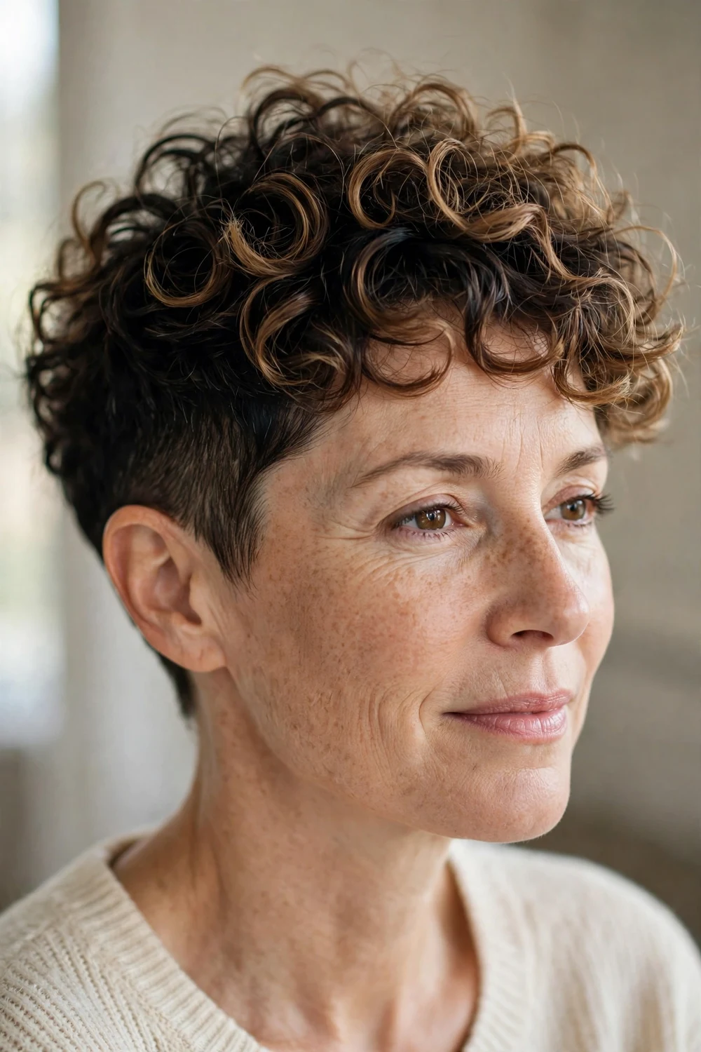 Woman with curly pixie with graduated sides and lighter tips
