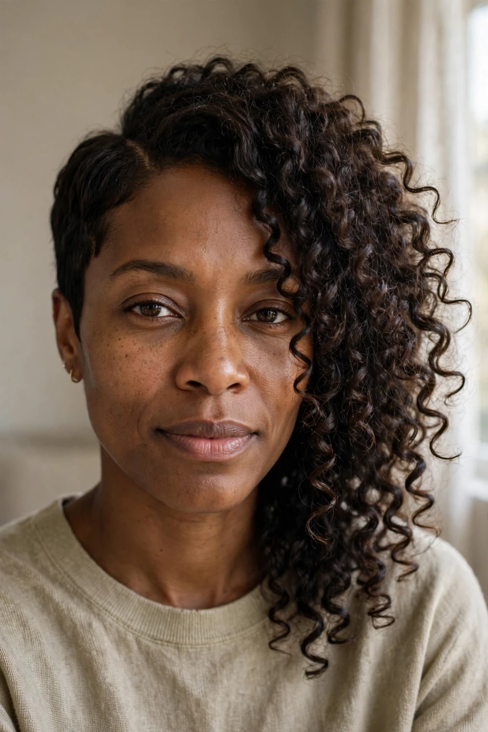 Asymmetrical curly pixie with deep side part and longer 3c coils on one side