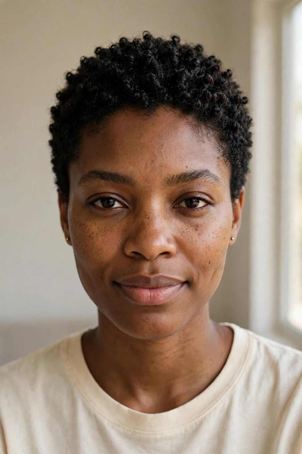 Big chop pixie with very short natural 3c coils close to the scalp