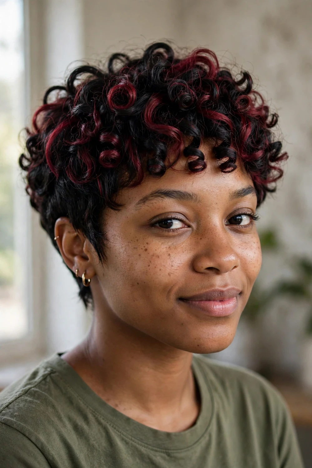 Curly pixie with burgundy color pops through tight 3c coils