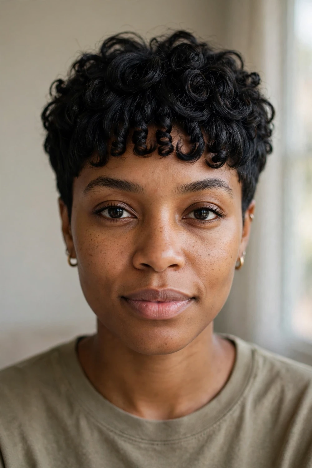 Curly pixie with full curly fringe of 3c coils on the forehead