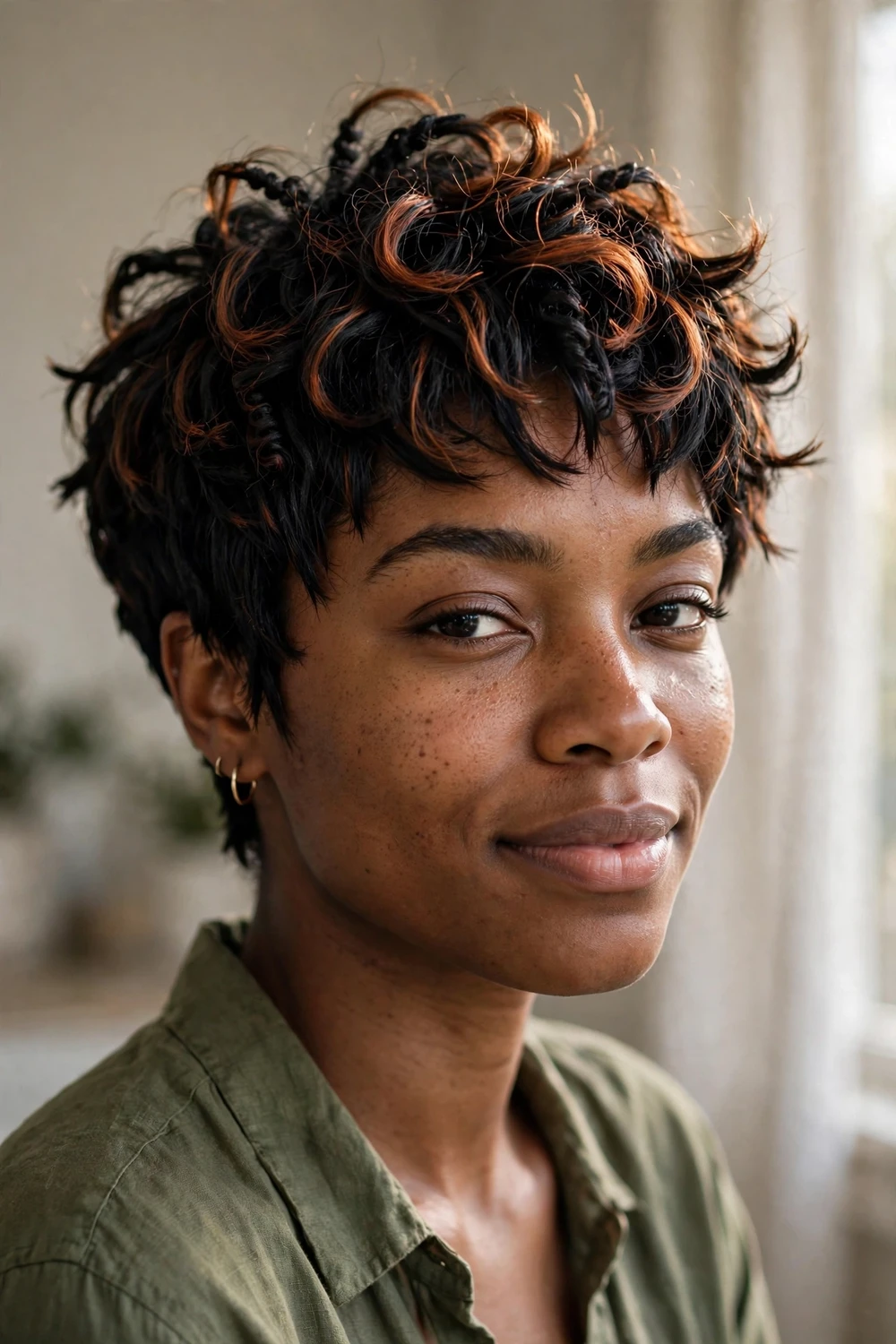 Edgy curly pixie with choppy disconnected 3c coils and copper highlights