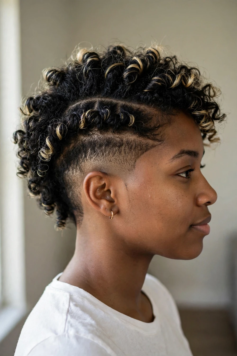 Curly faux hawk with tapered sides and center strip of 3c coils