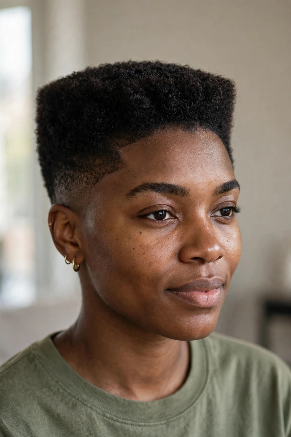 High top curly pixie with shaped flat-top crown of 3c coils and faded sides