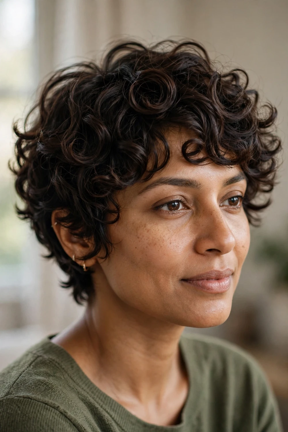 Layered curly pixie with varying-length 3c curls and soft movement